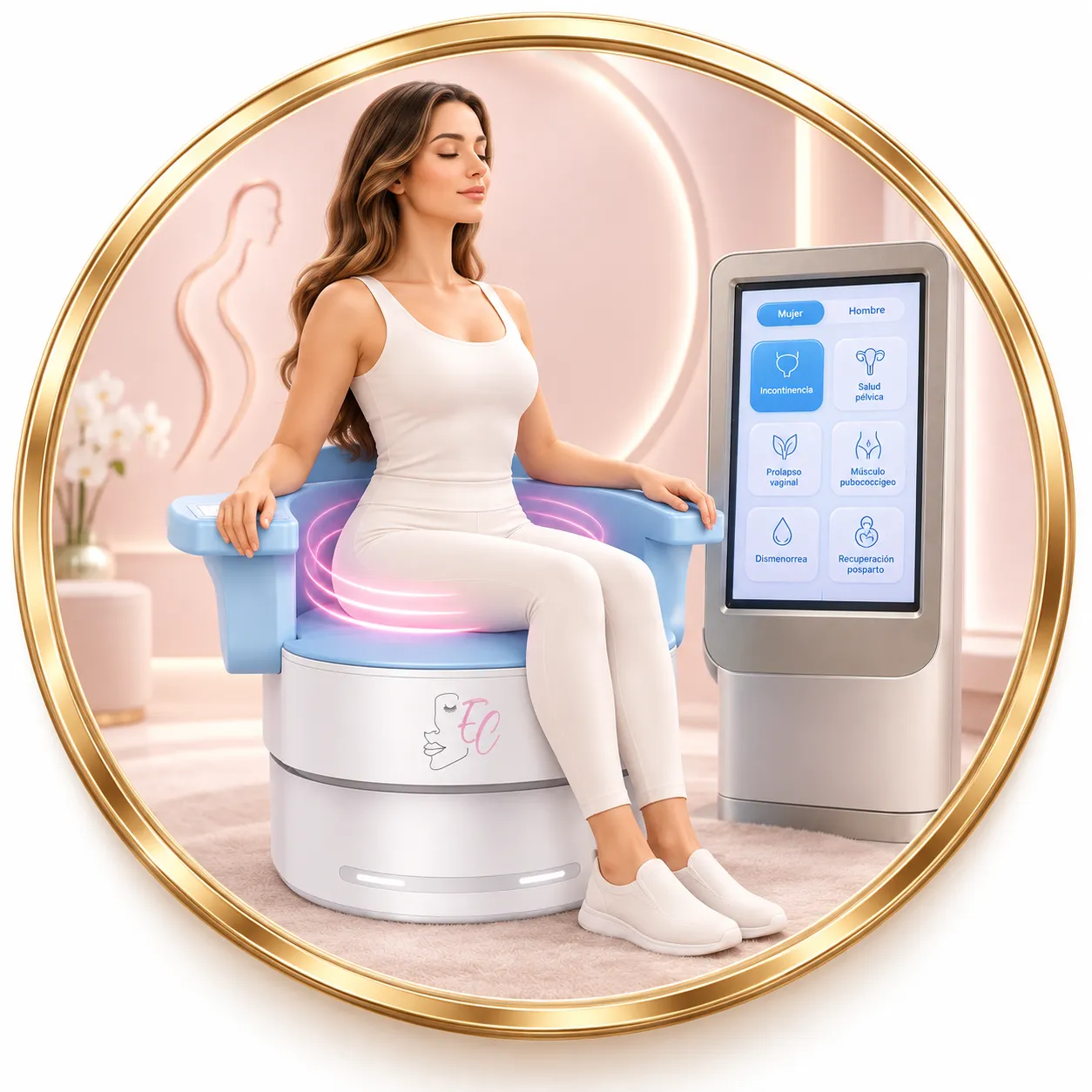 Ilustración de la tecnología Sillón HIFEM para mujer